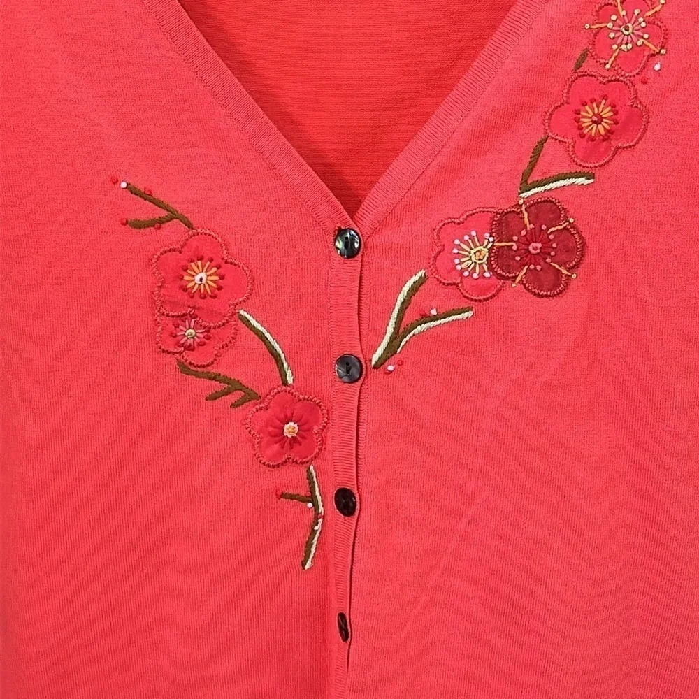 Icelandic Design Embroidered Knit Button Front Cardigan Sweater Short Sleeve Med
